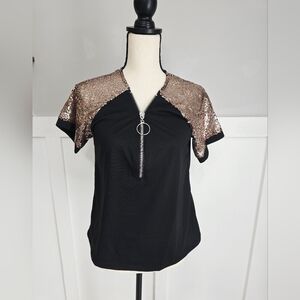 Sequin Accent Black Women's Zip-Front Top Sz M